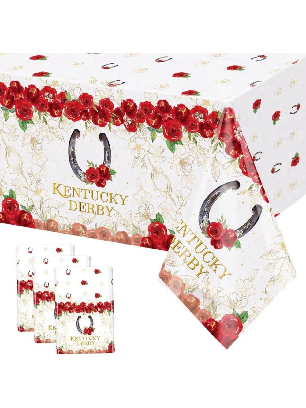 3 Pc Kentucky Derby Plastic Tablecloth Set 54x108 Red Rose Horse Racing Party